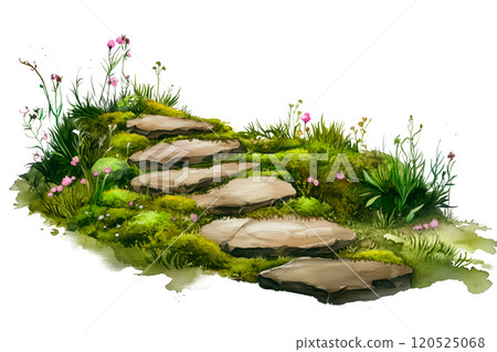Stone Pathway with Lanterns and Lush Greenery, Scenic Garden Illustration in Watercolor Style on Transparent Background Stone Pathway with Lanterns and Lush Greenery, Scenic Garden Illustration in Watercolor Style on Transparent Background 120525068