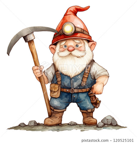 Miner Gnome with Pickaxe, Charming Fantasy Character in Hard Hat and Orange Uniform, Watercolor Illustration for Fairy Tale, Mining, Industrial, and Adventure-Themed Designs 120525101