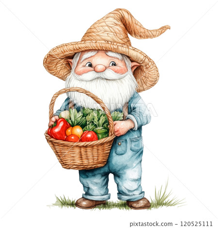 Watercolor Illustration of a Farmer Gnome Holding a Basket of Fresh Vegetables, Whimsical Fantasy Character Design on Transparent Background 120525111