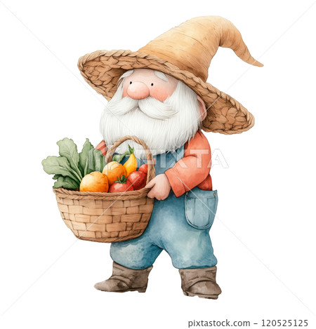 Watercolor Illustration of a Farmer Gnome Holding a Basket of Fresh Vegetables, Whimsical Fantasy Character Design on Transparent Background 120525125