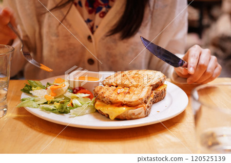 Young woman eating a toasted kimchi and cheese kimchi sandwich with a fork and knife Young woman eating a toasted kimchi and cheese kimchi sandwich with a fork and knife 120525139