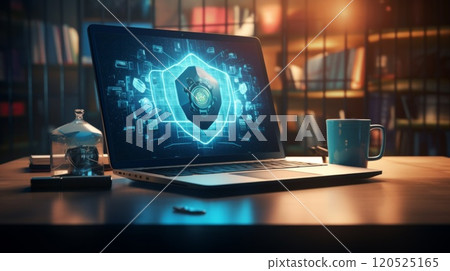 Modern laptop with cyber security safety locker on display. Neural network ai generated art 120525165