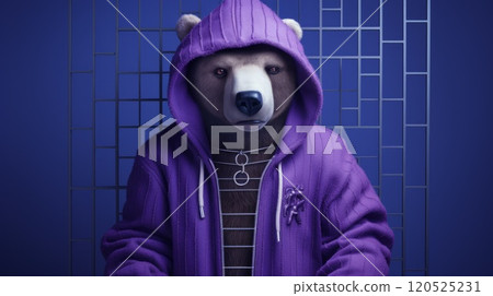 Brown bear in human trendy fashionable clothes. Neural network ai generated art 120525231