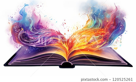 Image of open antique book with fantasy glitter effect overlay isolated on white. Neural network ai generated art 120525261