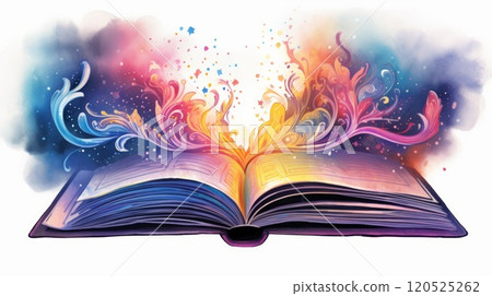 Image of open antique book with fantasy glitter effect overlay isolated on white. Neural network ai generated art 120525262