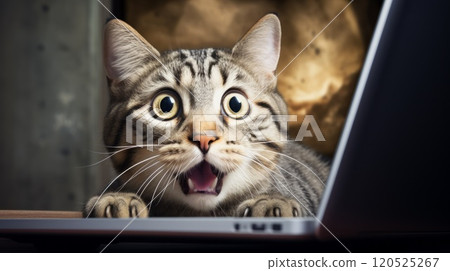 Amazed kitten looking at a laptop, isolated on white background. Neural network ai generated art 120525267