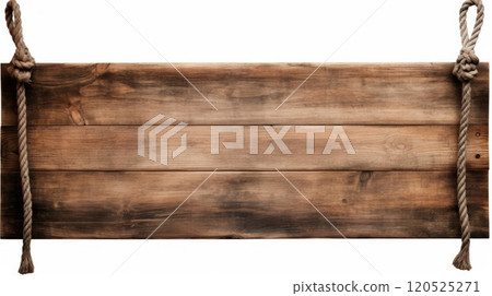 Close up of an empty wooden sign hanging on a rope on white background. Neural network ai generated art 120525271