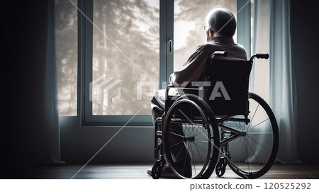 Picture of lonely elderly man looks sad in the retirement home while sitting in the wheelchair. Neural network ai generated art 120525292