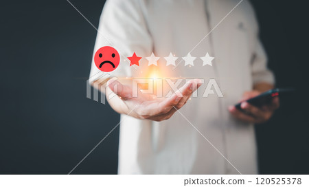 Business concept of customer dissatisfaction manifest through virtual interaction, accompanied by negative reviews, dissatisfaction with service and quality. Not good customer services feedback. 120525378