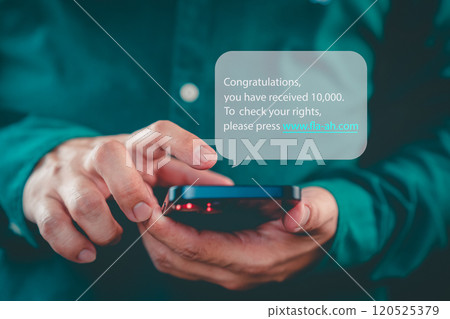 Man holding a smartphone and viewing messages on mobile phone. Fake Text message SMS scam or phishing concept. Man holding a smartphone and viewing messages on mobile phone. Fake Text message SMS scam or phishing concept. 120525379