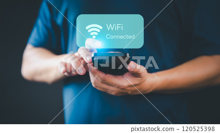 While using a mobile phone, a man faces difficulties connecting to WiFi, encountering either connection issues or incorrect password, leading to a delay in loading digital data from websites. 120525398