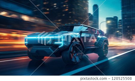 Futuristic SUV car in fictional neon city. Neural network ai generated art 120525508