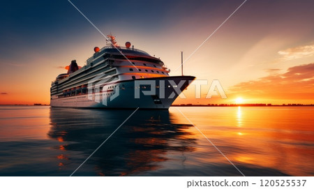 Aerial view of a cruise ship traveling over the ocean during golden summer sunset. Neural network ai generated art 120525537