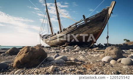 A view of the ruins of a wooden sailing boat in the old harbour. Neural network ai generated art 120525542