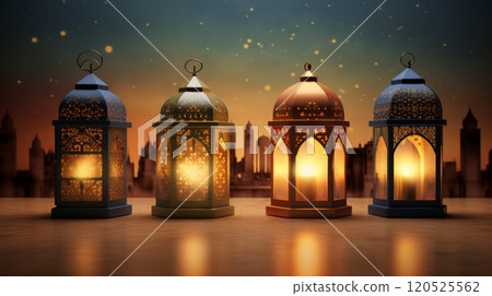 Muslim Holy Month Ramadan Kareem Ornamental Arabic Lantern With Burning Candle Glowing At Evening. Neural network ai generated art 120525562