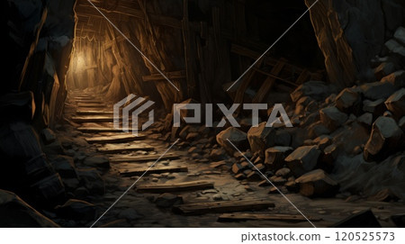 Mysterious dungeon tunnel with walls made of stone. Neural network ai generated art 120525573