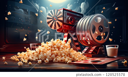 Realistic cinema advertising poster. Popcorn bucket, clapperboard, movie tape and reel. Neural network ai generated art Realistic cinema advertising poster. Popcorn bucket, clapperboard, movie tape and reel. Neural network ai generated art 120525578