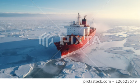 Icebreaking vessel in Arctic with background of sunrise. Neural network ai generated art 120525579
