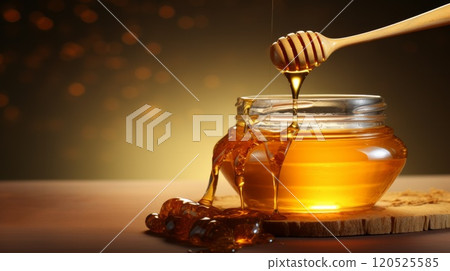 honey drips from the spoon into a glass jar or bowl still life. Neural network ai generated art 120525585