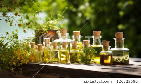 Concept of alternative herbal medicine. Bottles of tincture or potion, organic essential oils. Neural network ai generated art 120525586