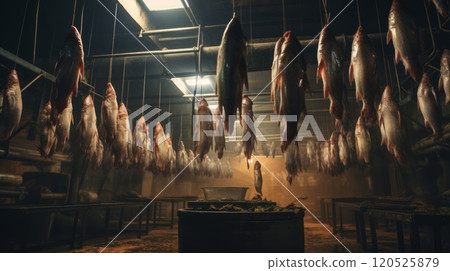Fish processing plant employees cutting and washing the chum salmon. Neural network ai generated art Fish processing plant employees cutting and washing the chum salmon. Neural network ai generated art 120525879