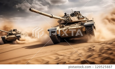 Army tanks in war battle on desert sands in movement. Neural network ai generated art 120525887