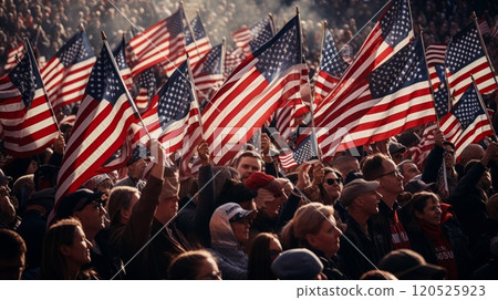 Group of People Waving American Flags on rally or national holiday. Neural network ai generated art 120525923