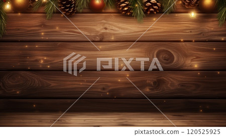 Top view of wooden background with christmas props and fir tree branches. Neural network ai generated art 120525925