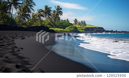 Majestic place with black sand beach and stormy ocean water. Neural network ai generated art 120525930