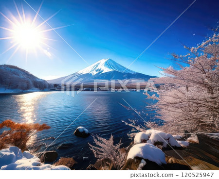 [AI圖像]冬天的富士山和湖泊有雪 120525947