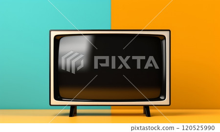 Yellow orange color old vintage retro television on table with mint blue background. Neural network ai generated art 120525990