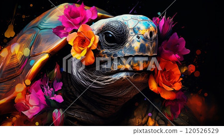 Sea turtle, orchid flowers and dark background. Tropical paradise embroidery sea animal portrait. Neural network ai generated art 120526529