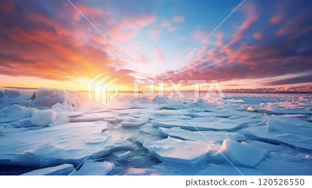 Amazing sunrise in the mountains. Sunset winter landscape with snow covered pine trees in violet and pink colors. Neural network ai generated art 120526550