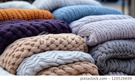 A pile of plush blankets. Knitted by hand warm blankets for cozy home yarn with loops. Neural network ai generated art 120526699