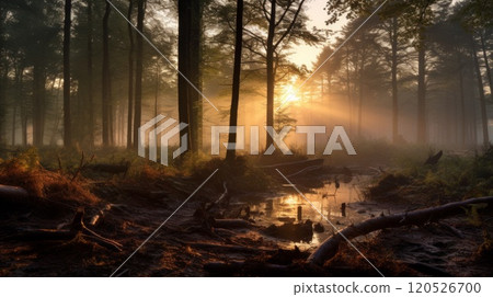 Misty sunset over farmland forest with tree silhouettes with burnt orange skies. Neural network ai generated art 120526700