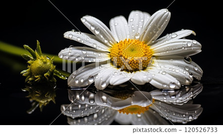 Garden daisies Leucanthemum vulgare close up flowering in water drops. Neural network ai generated art 120526733