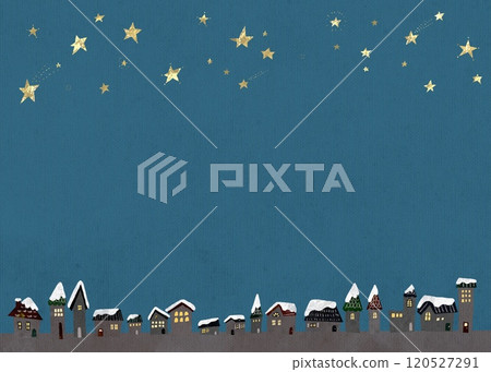 時尚的斯堪的納維亞風格的背景圖，描繪了星空和覆蓋著雪的城市景觀 120527291