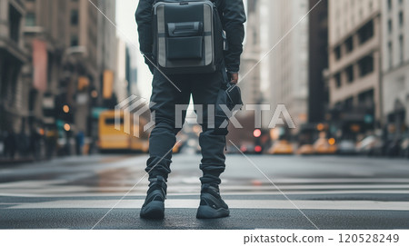 Back view of a man with a backpack standing at an intersection 120528249