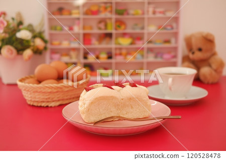 Strawberry cheese cake on a table. Strawberry cheese cake on a table. 120528478