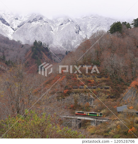Tadami Line of autumn leaves and snow scene 120528706