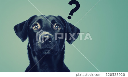 AI 生成的圖像描繪了狗好奇的臉的特寫和簡單背景上的問號 120528920