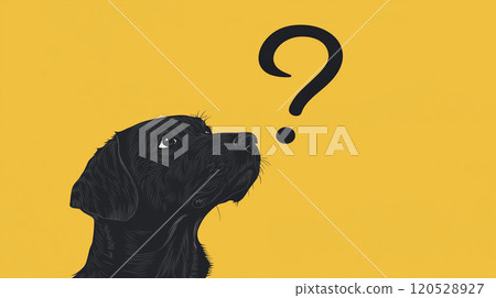 AI illustration of a close-up of a dog's puzzled face and a question mark on a simple background 120528927