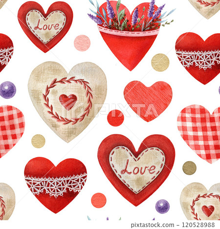 Valentines Day seamless pattern from hand drawn vintage hearts, lavender flowers and cute romantic elements. Perfect for holiday decor, wedding decor, invitations, gift wrap. White background 120528988