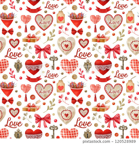 Romantic mood seamless pattern. Watercolor illustration Hand drawn vintage style hearts, romantic elements on white background. Perfect for love themed designs, gift packaging, wrapping paper print Romantic mood seamless pattern. Watercolor illustration Hand drawn vintage style hearts, romantic elements on white background. Perfect for love themed designs, gift packaging, wrapping paper print 120528989