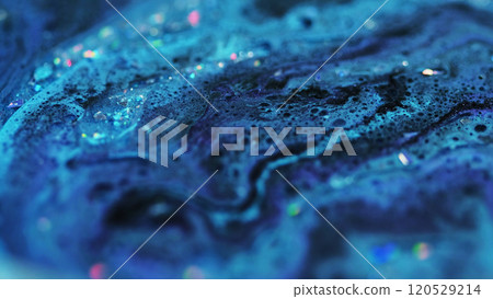 Bubble paint texture. Sparkling fluid flow. Blur blue black color shiny glitter particles wet foam water pigment ink liquid mix abstract art background. Bubble paint texture. Sparkling fluid flow. Blur blue black color shiny glitter particles wet foam water pigment ink liquid mix abstract art background. 120529214
