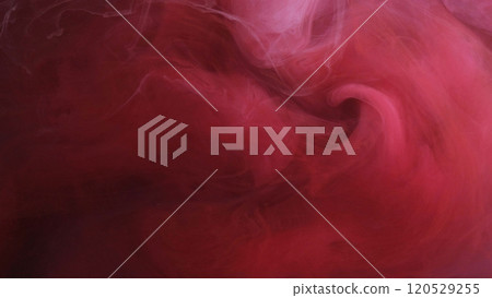 Colorful fog. Pigment underwater. Glitter painting. Smoking art swirling touch. Gleaming red orange on modern abstract ink background. 120529255