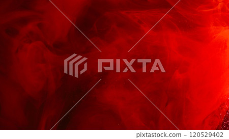 Glitter drawing. Fumes art. Bright fog pigment underwater swirling touch. Gleaming red orange on modern abstract shining ink background. 120529402