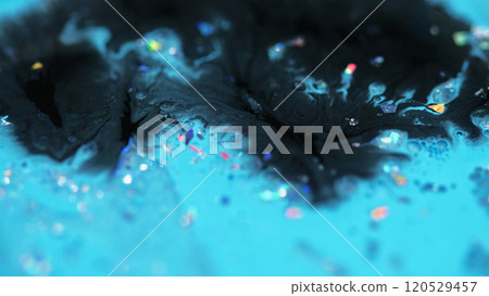 Sparkling paint drip. Glitter fluid texture. Blur black blue color shiny sequin grain particles acrylic ink mix liquid emulsion spill abstract art background. Sparkling paint drip. Glitter fluid texture. Blur black blue color shiny sequin grain particles acrylic ink mix liquid emulsion spill abstract art background. 120529457