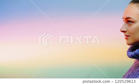 Calm faith. Determined girl. Enlightenment tranquility. Profile of young smiled confident woman on blur rainbow gradient colorful empty space background. 120529613