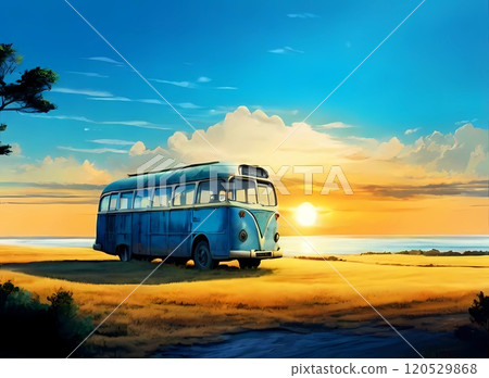 Game background: A retro bus remaining on the grasslands of an abandoned world Game background: A retro bus remaining on the grasslands of an abandoned world 120529868